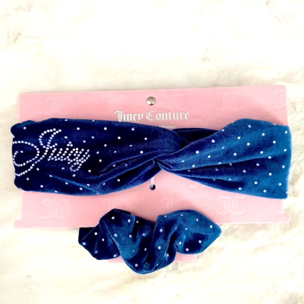 Juicy Couture 2pc Royal Blue Headband and Scrunchie Set with crystal detail NEW